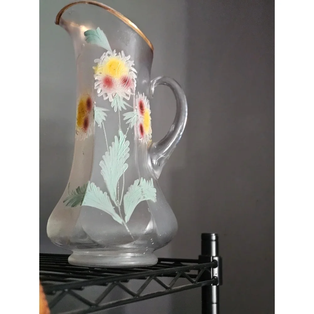 Antique Frosted Glass Pitcher Hand Painted Floral Gold Rim Victorian Art Glass